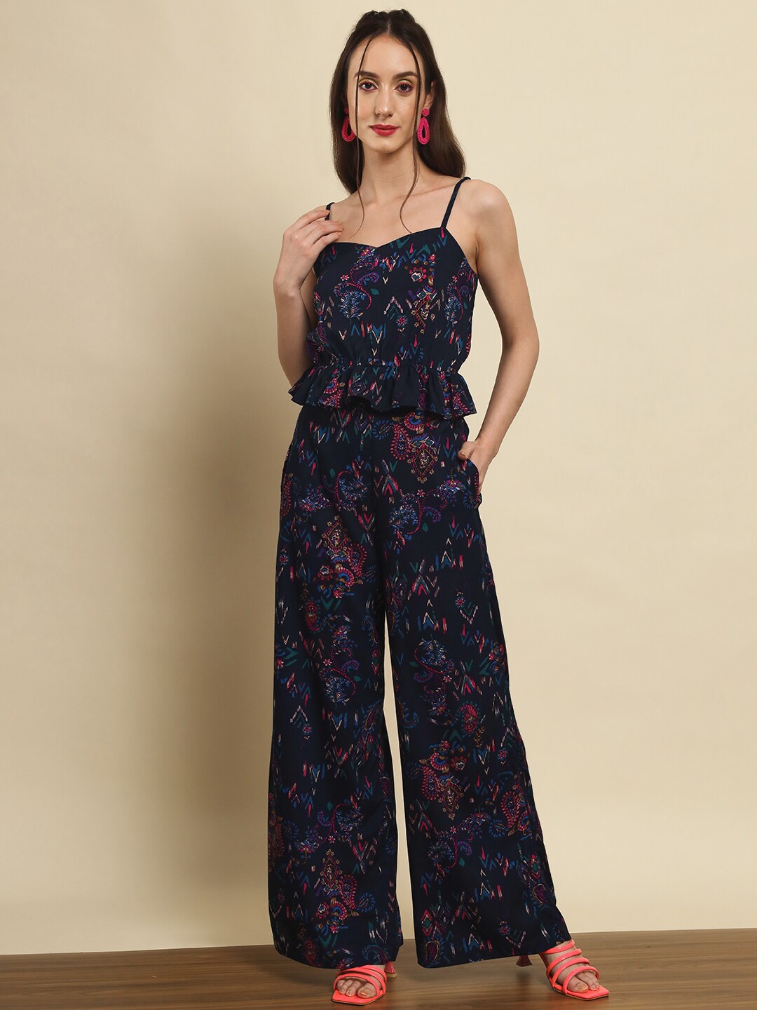 

Trend Arrest Women Printed Top With Palazzos, Navy blue