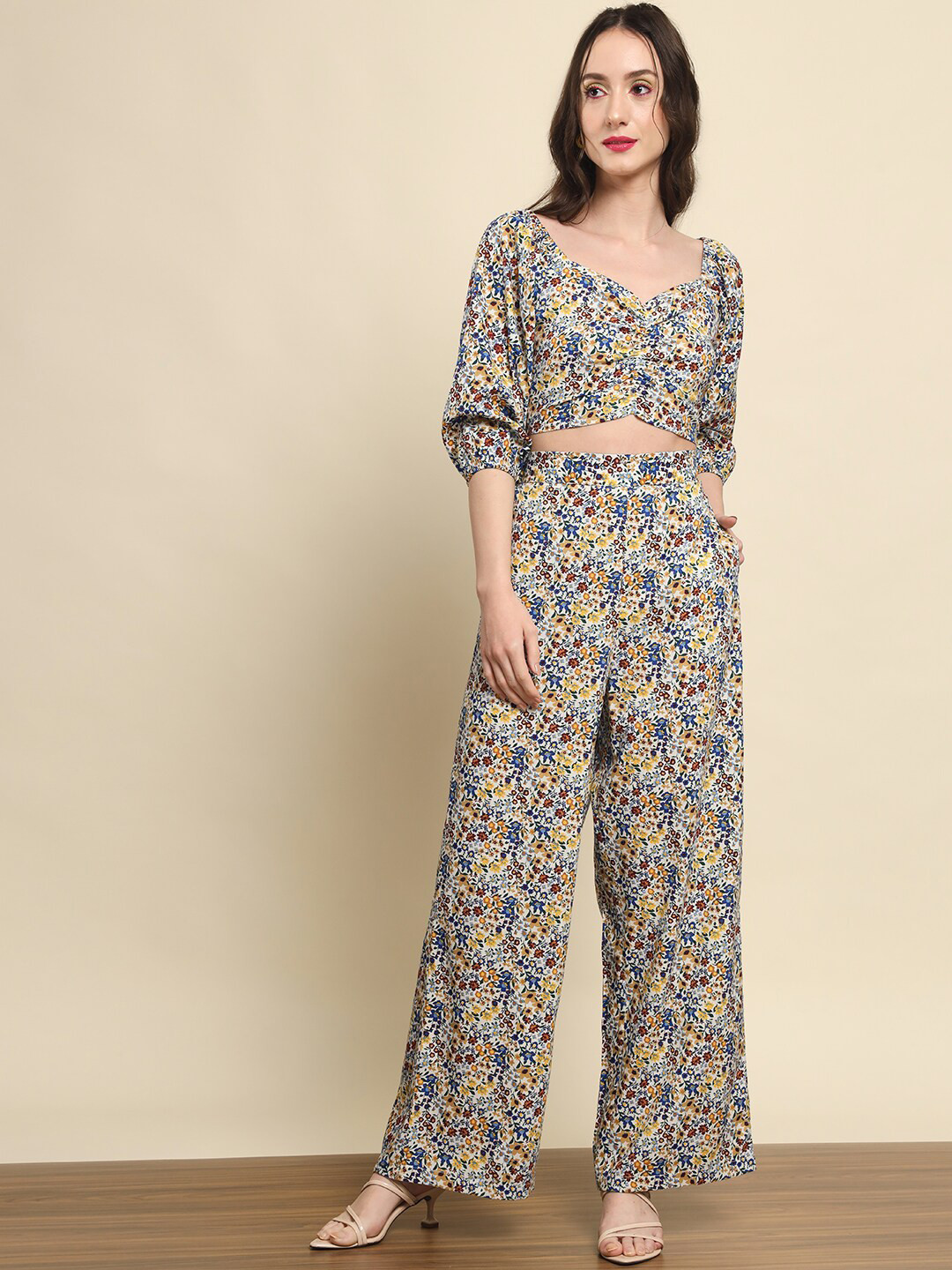 

Trend Arrest Women Printed Top With Trouser Co-ord Set, Beige