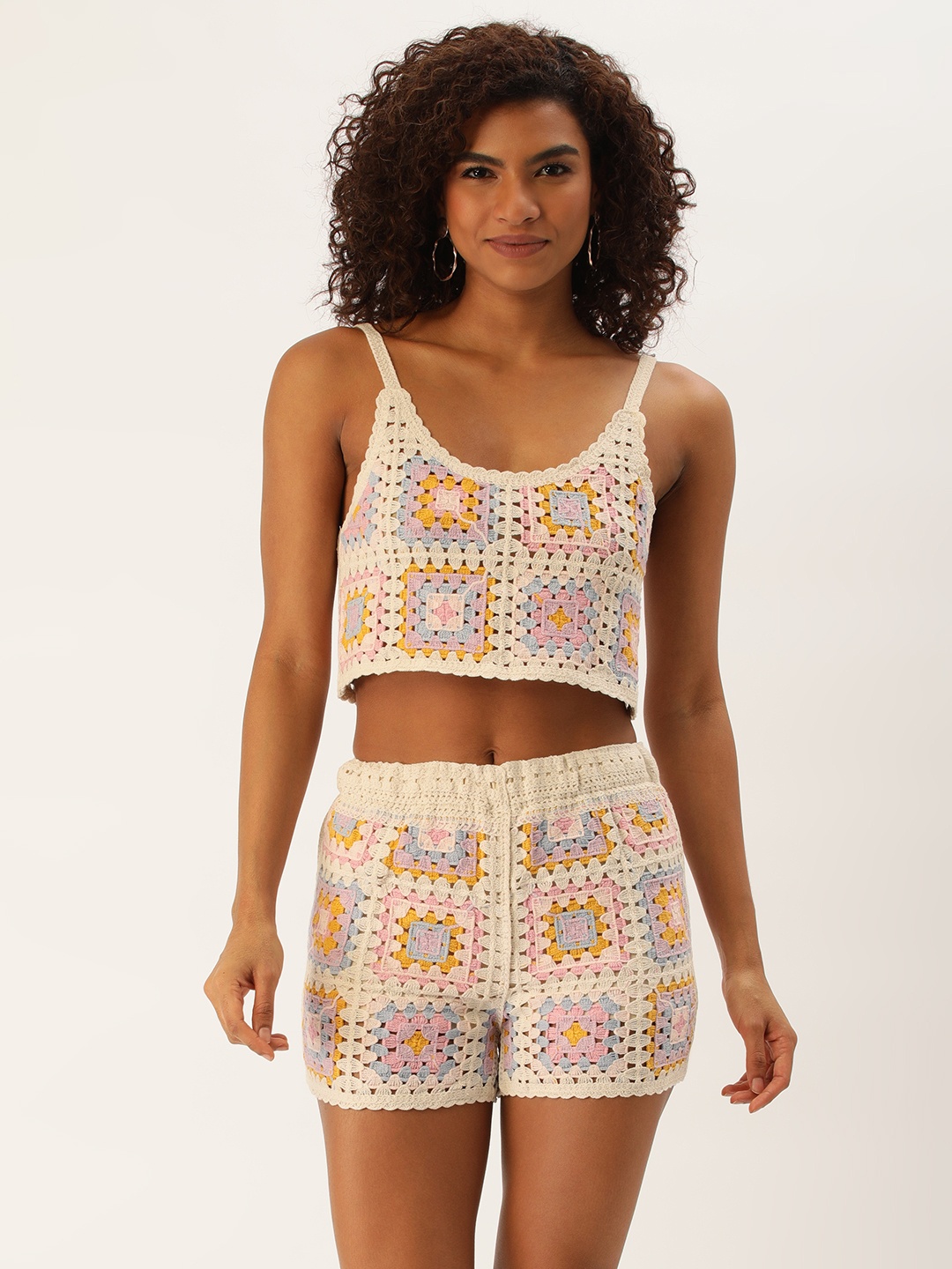 

SHECZZAR Self Design Shoulder Straps Crop Top With Shorts, Off white