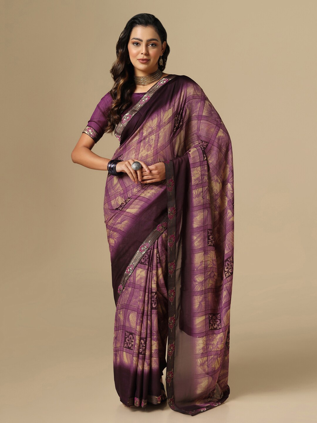 

KALINI Checked Saree, Purple