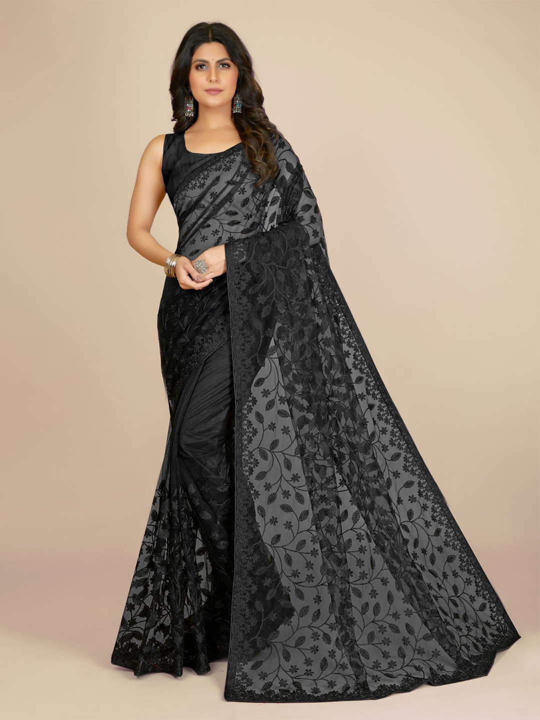 

VAIRAGEE Floral Embroidered Net Heavy Work Saree, Black