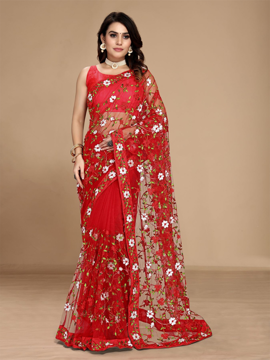

VAIRAGEE Floral Embroidered Net Fusion Saree, Red