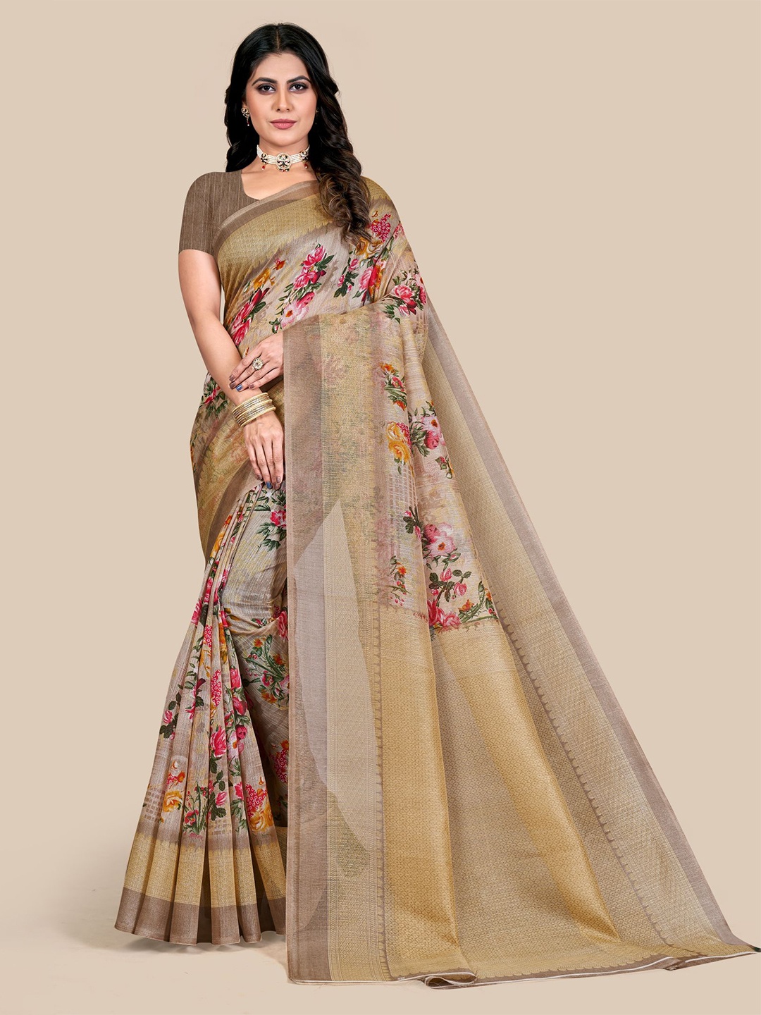 

VAIRAGEE Floral Fusion Bhagalpuri Saree, Beige