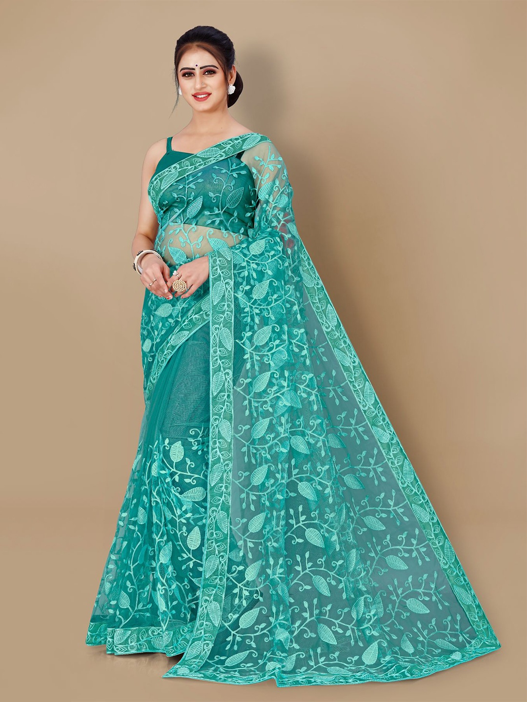 

VAIRAGEE Floral Embroidered Net Fusion Saree, Blue