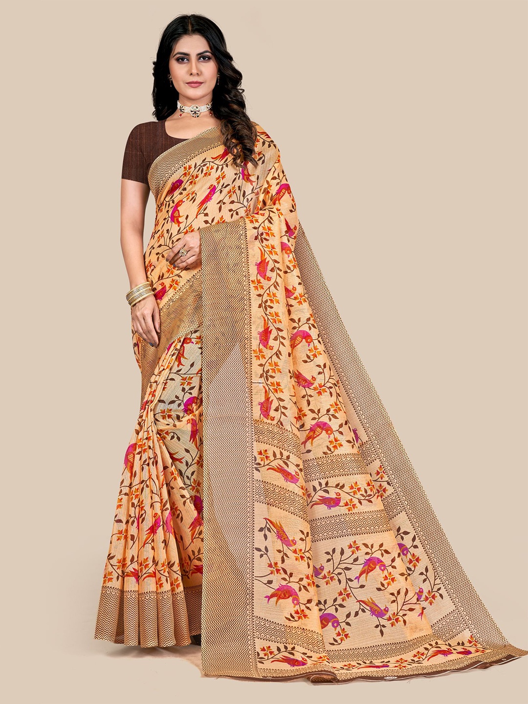 

VAIRAGEE Floral Bhagalpuri Saree, Orange