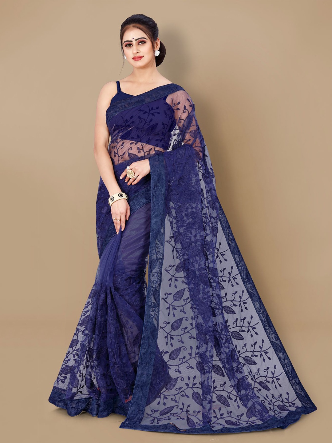 

VAIRAGEE Floral Embroidered Net Saree, Navy blue