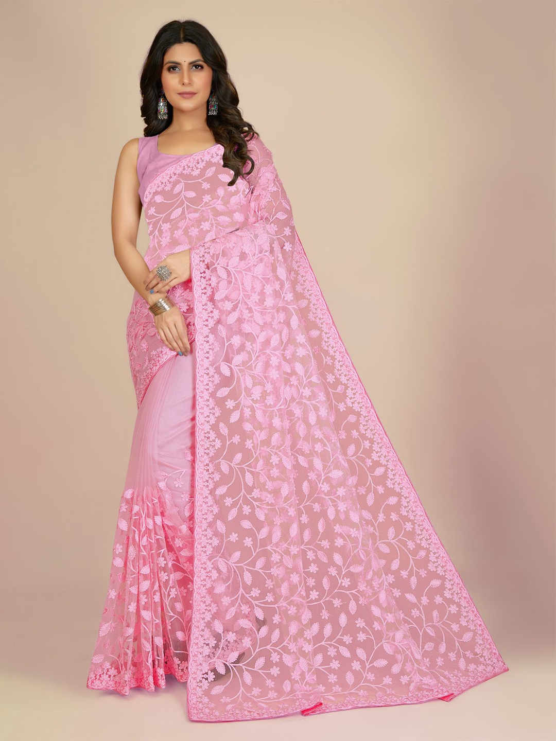 

VAIRAGEE Floral Embroidered Net Saree, Pink