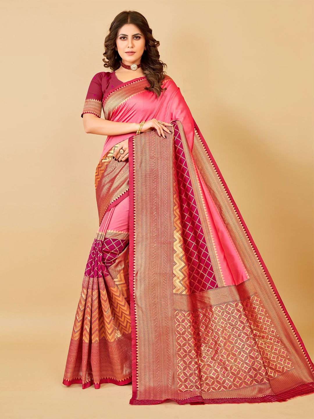 

VAIRAGEE Woven Design Zari Silk Blend Banarasi Saree, Pink