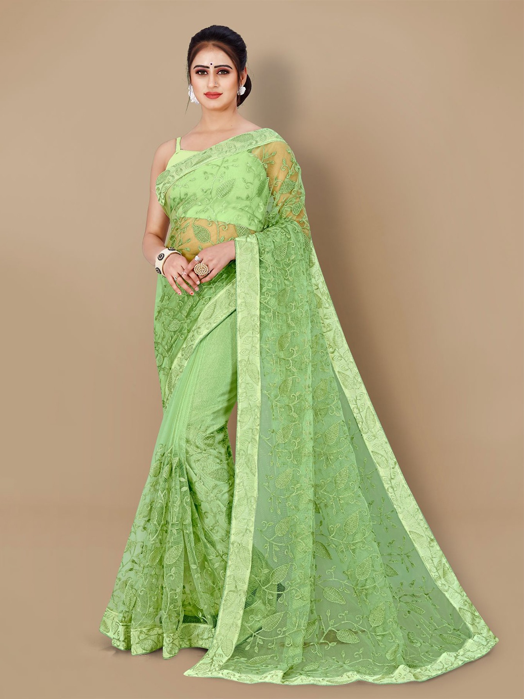 

VAIRAGEE Floral Embroidered Net Saree, Sea green