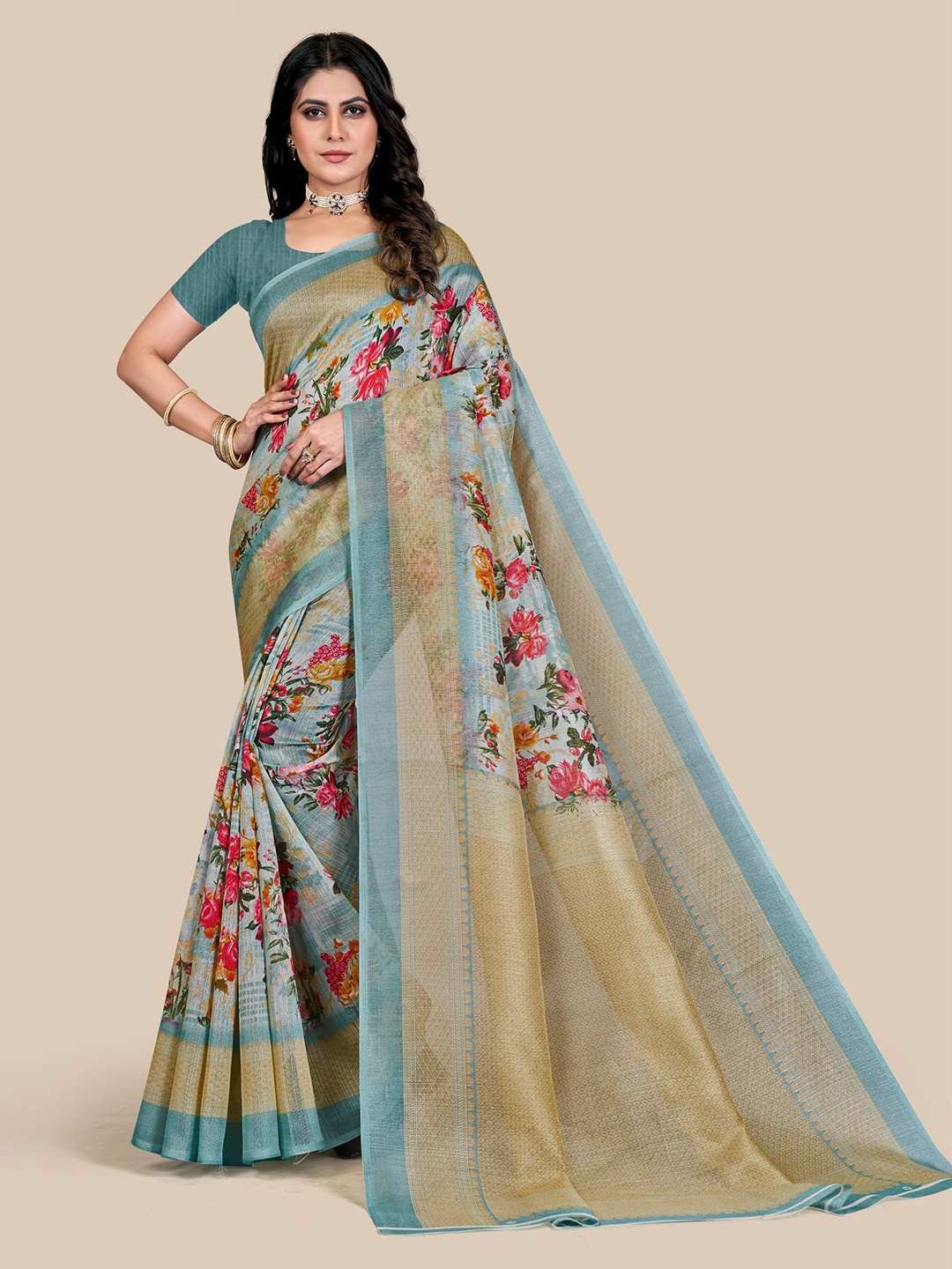 

VAIRAGEE Blue & Pink Floral Fusion Bhagalpuri Saree