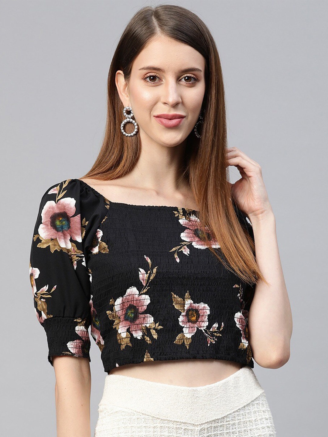 

Sleek Italia Floral Printed Crepe Square Neck Crop Top, Black