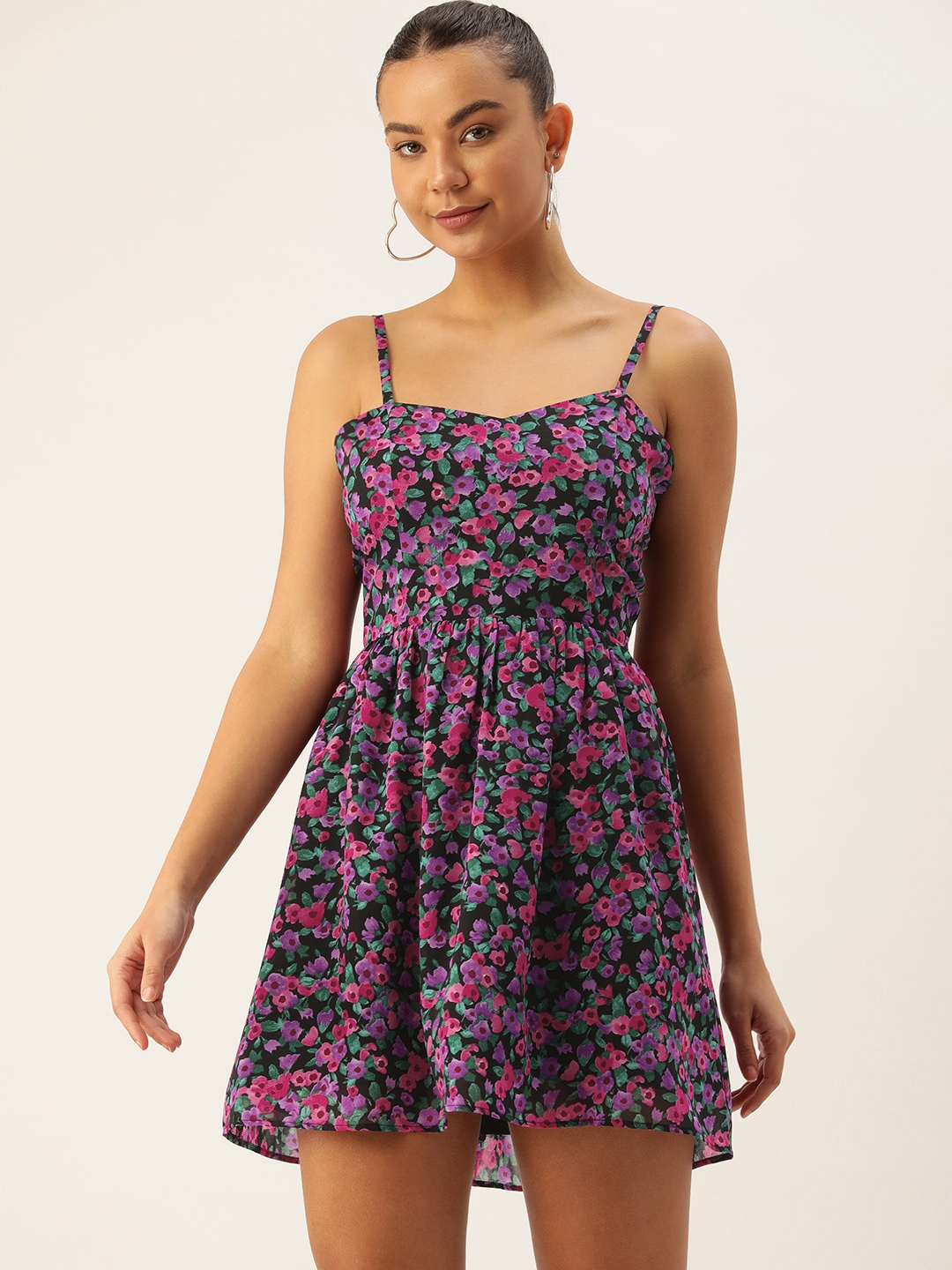 ROVING MODE Floral Georgette Mini Dress With Tie-Up Detail, Multi