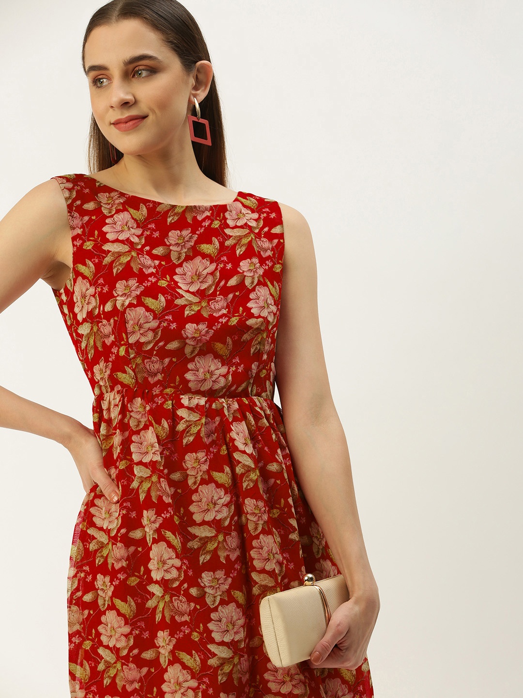 

ROVING MODE Floral Printed Gathered Georgette Mini Dress, Red