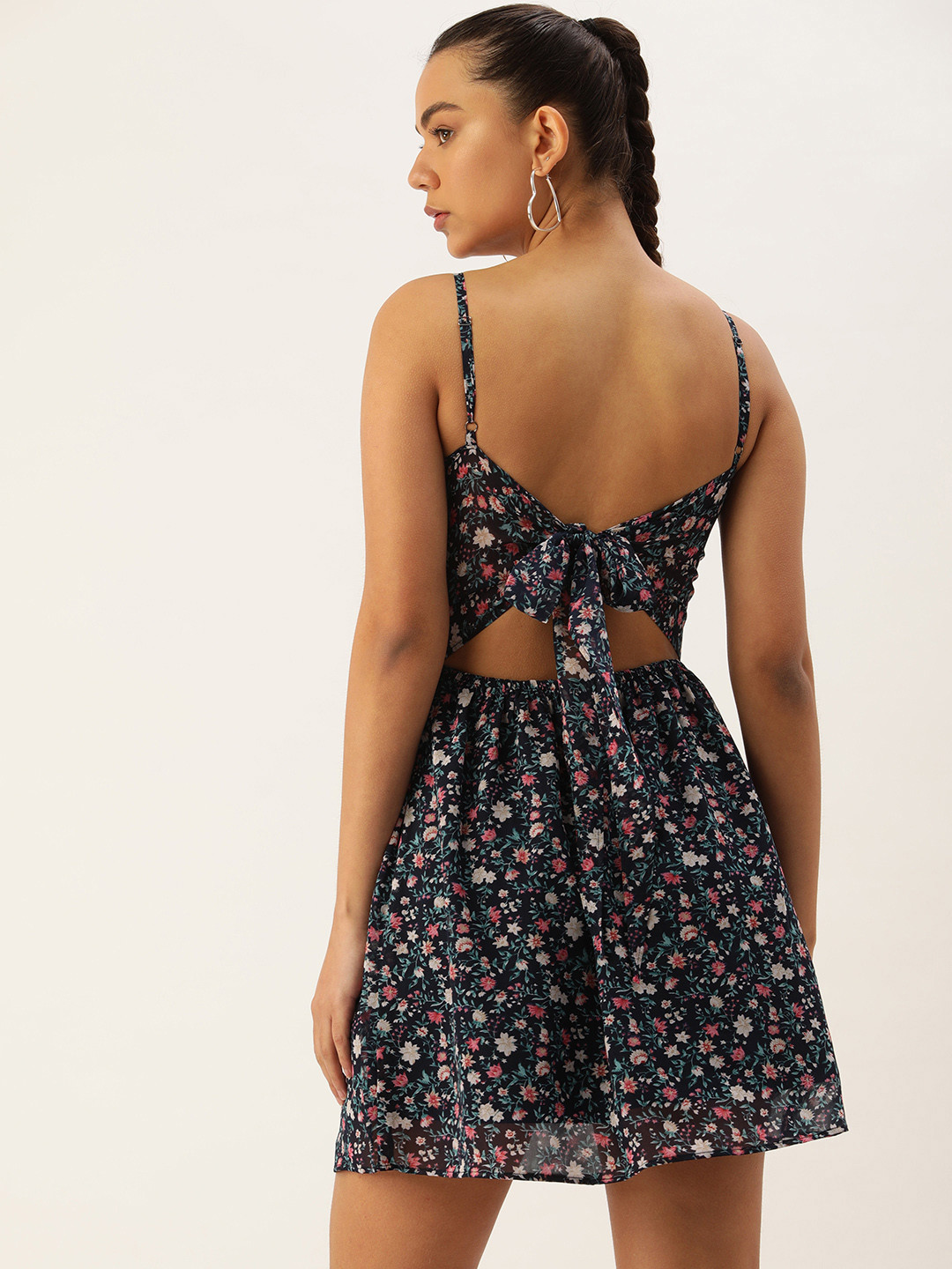 

ROVING MODE Floral Georgette Mini Dress With Tie-Up Detail, Navy blue