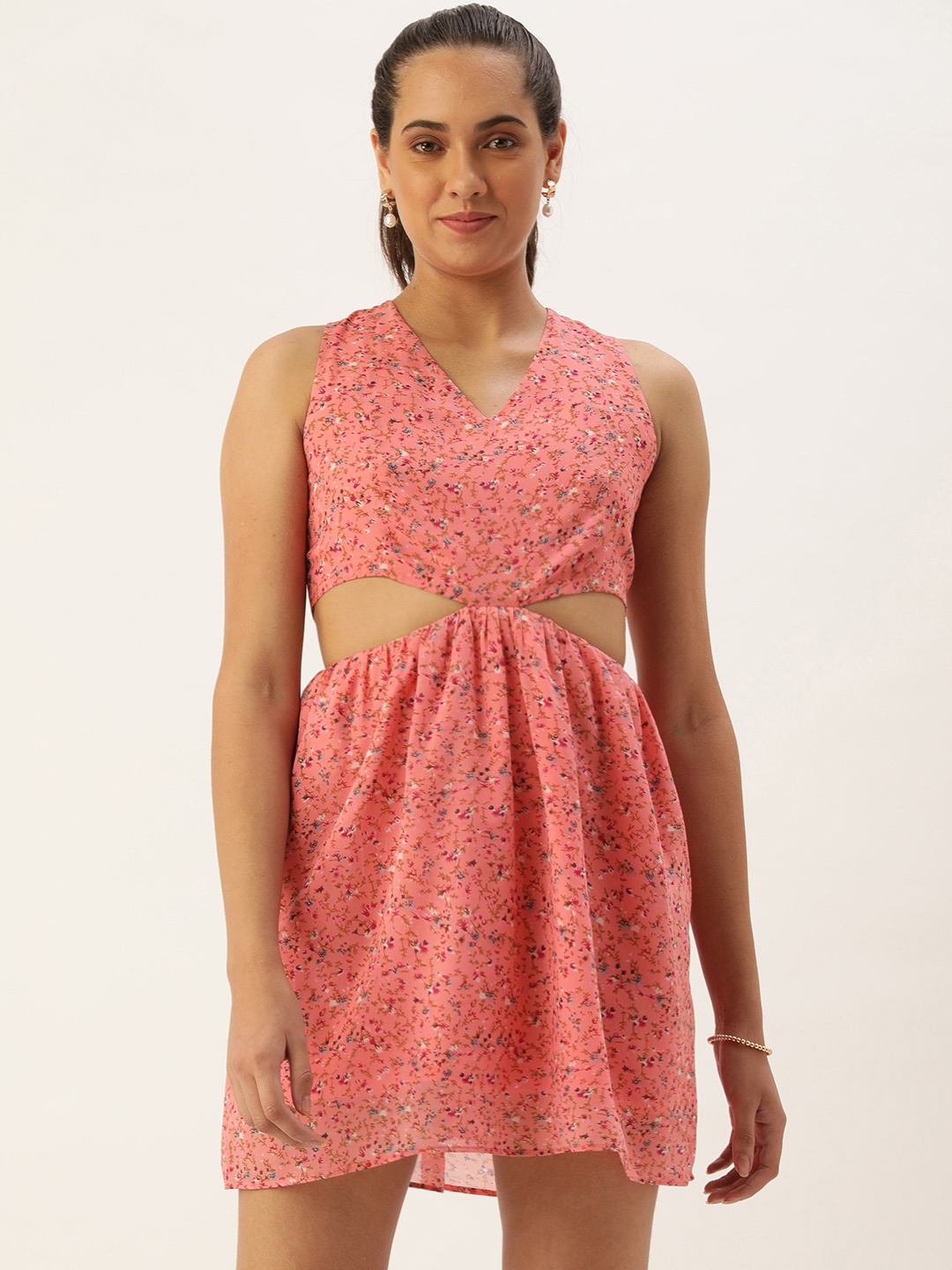 

ROVING MODE Floral Georgette Mini Dress With Cut-Outs, Peach