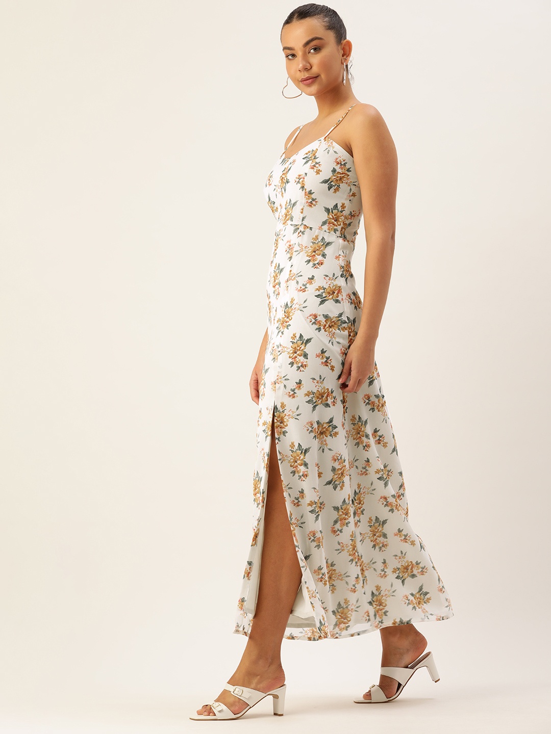 

ROVING MODE Floral Georgette A-Line Maxi Dress With Side Slit, White