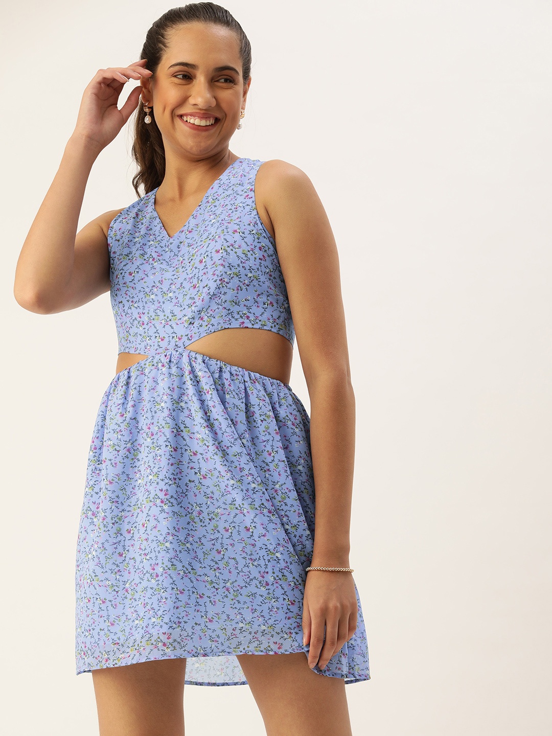 

ROVING MODE Floral Georgette Mini Dress With Cut-Outs, Blue