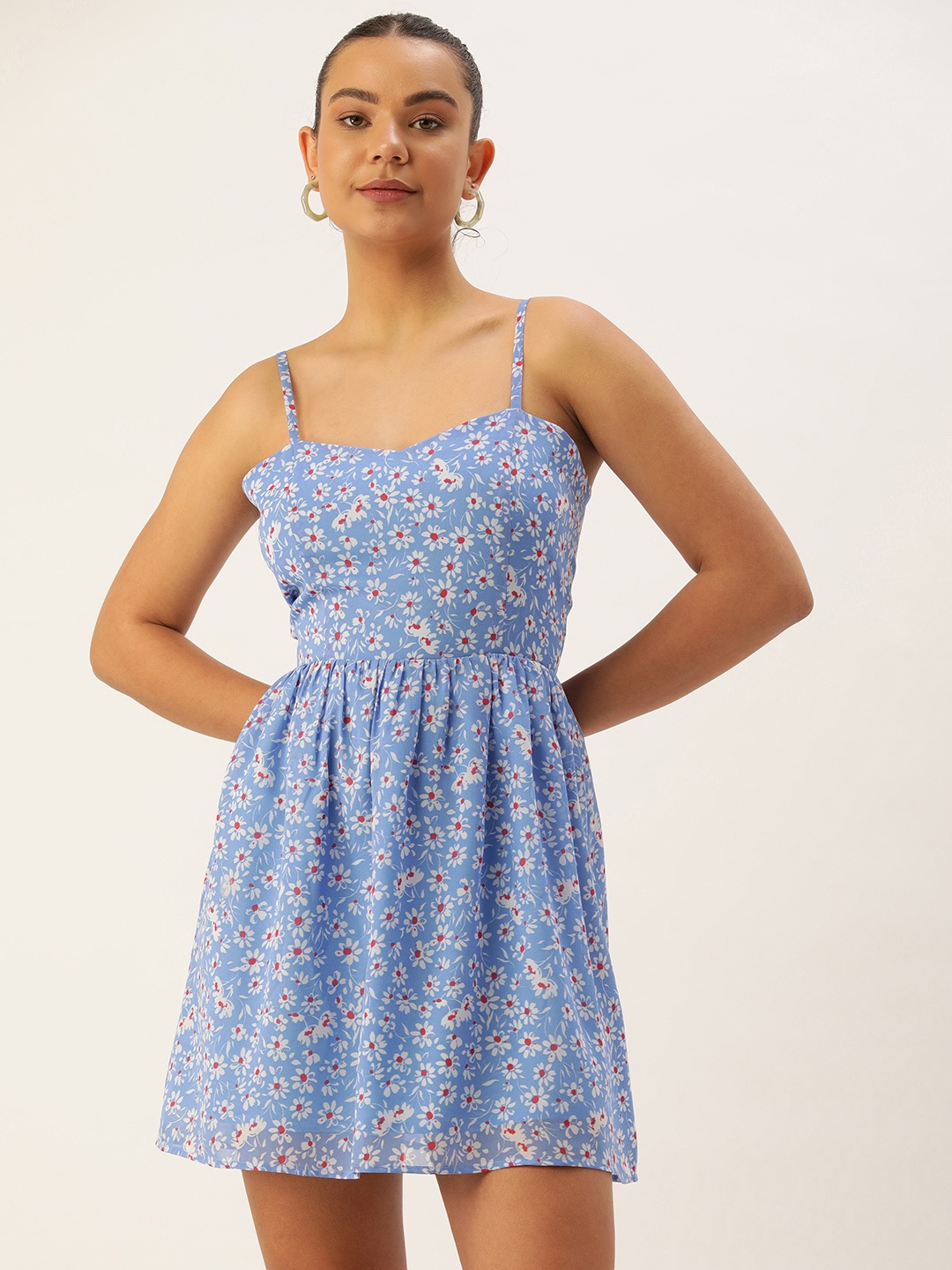 

ROVING MODE Floral Georgette Mini Dress With Tie-Up Detail, Blue