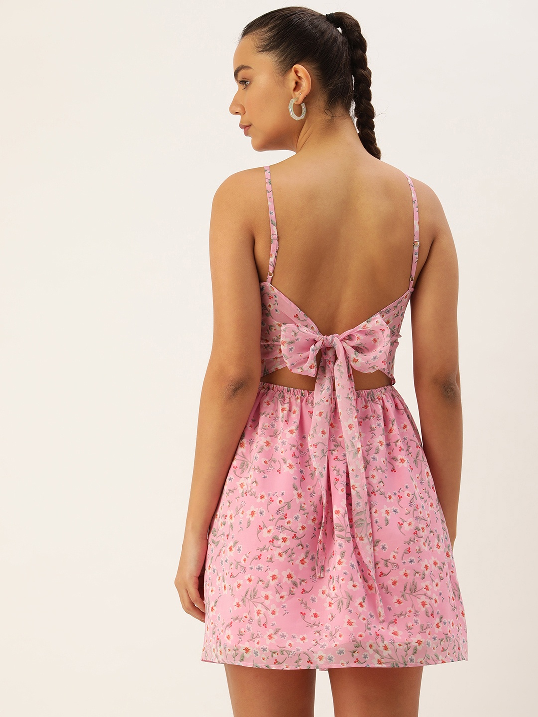 

ROVING MODE Floral Georgette Mini Dress With Tie-Up Detail, Pink