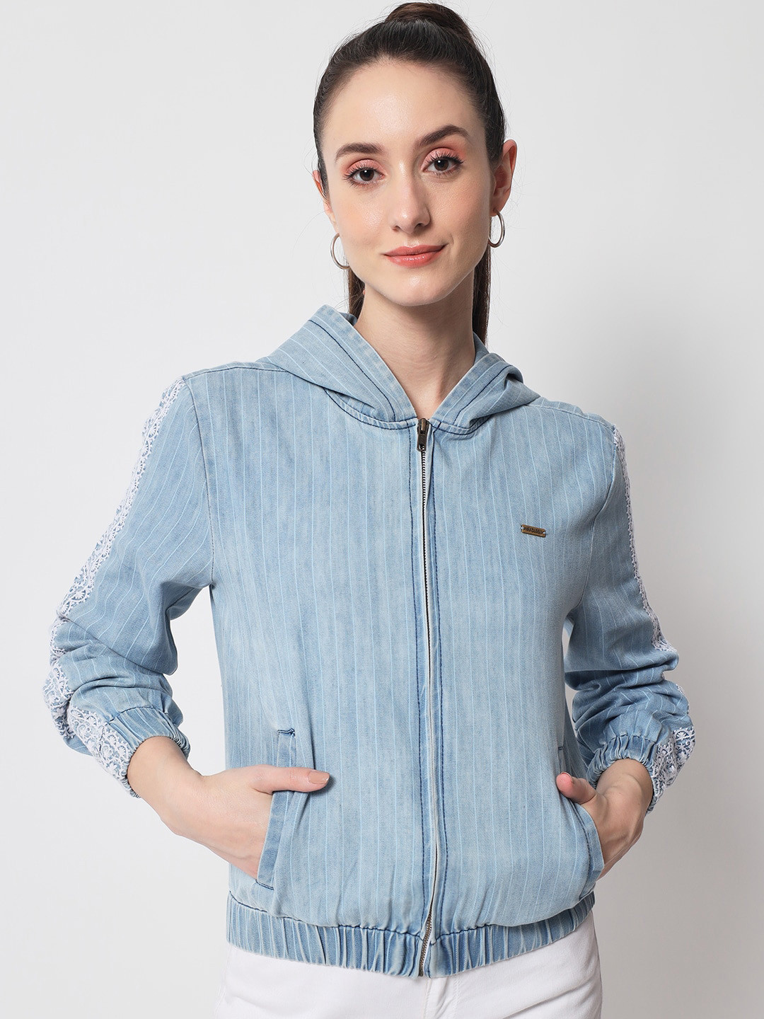 

Yaadleen Women Striped Cotton Hooded Denim Jacket, Blue
