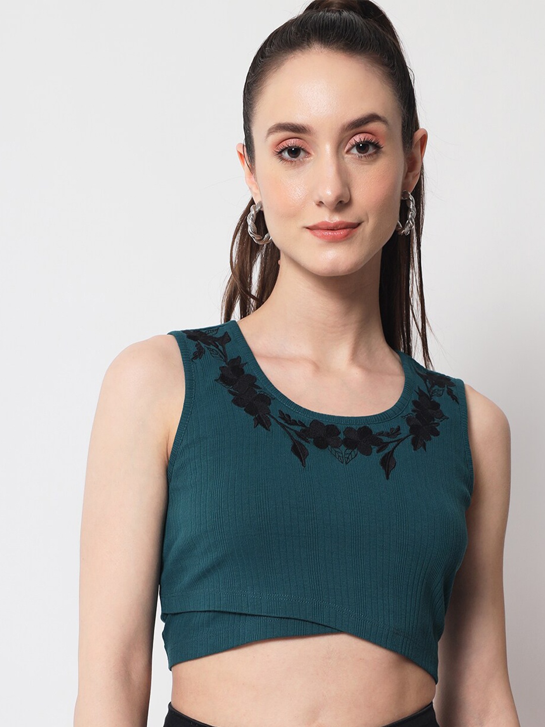 

Yaadleen Embroidered Detail Crop Top, Teal