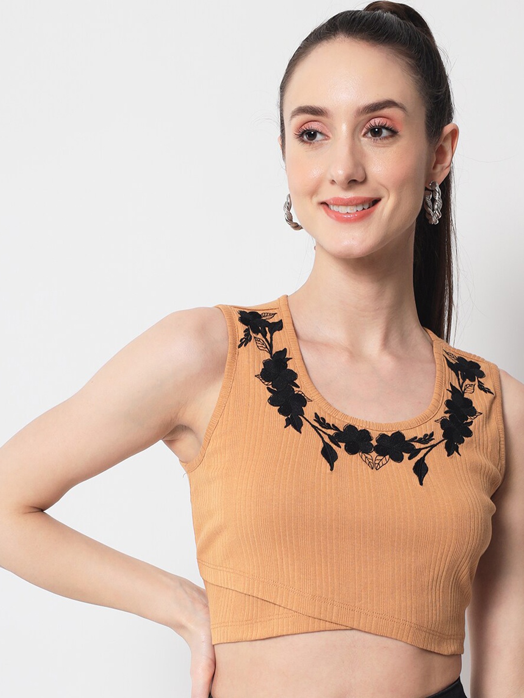 

Yaadleen Mustard Embroidered Crop Fitted Cotton Top