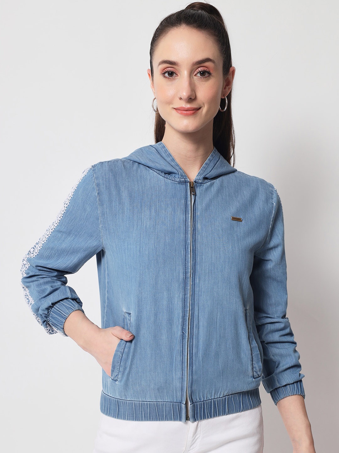 

Yaadleen Women Solid Cotton Hooded Denim Jacket, Blue
