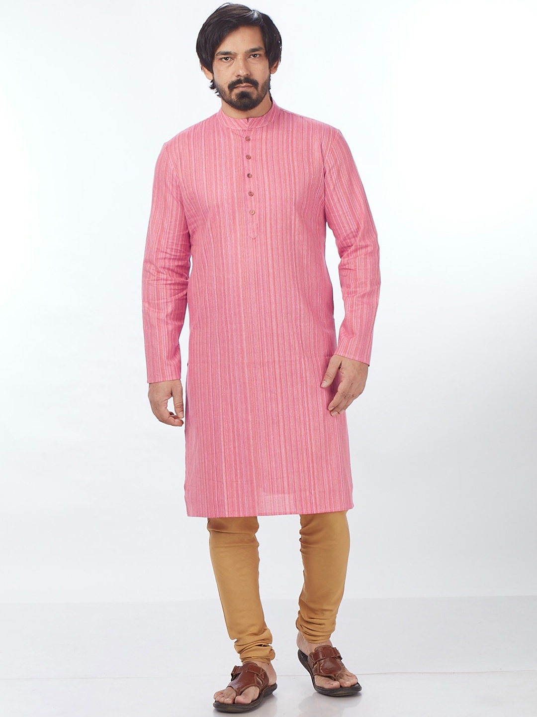 

Blacksmith Men Striped Jacquard Cotton Kurta, Pink