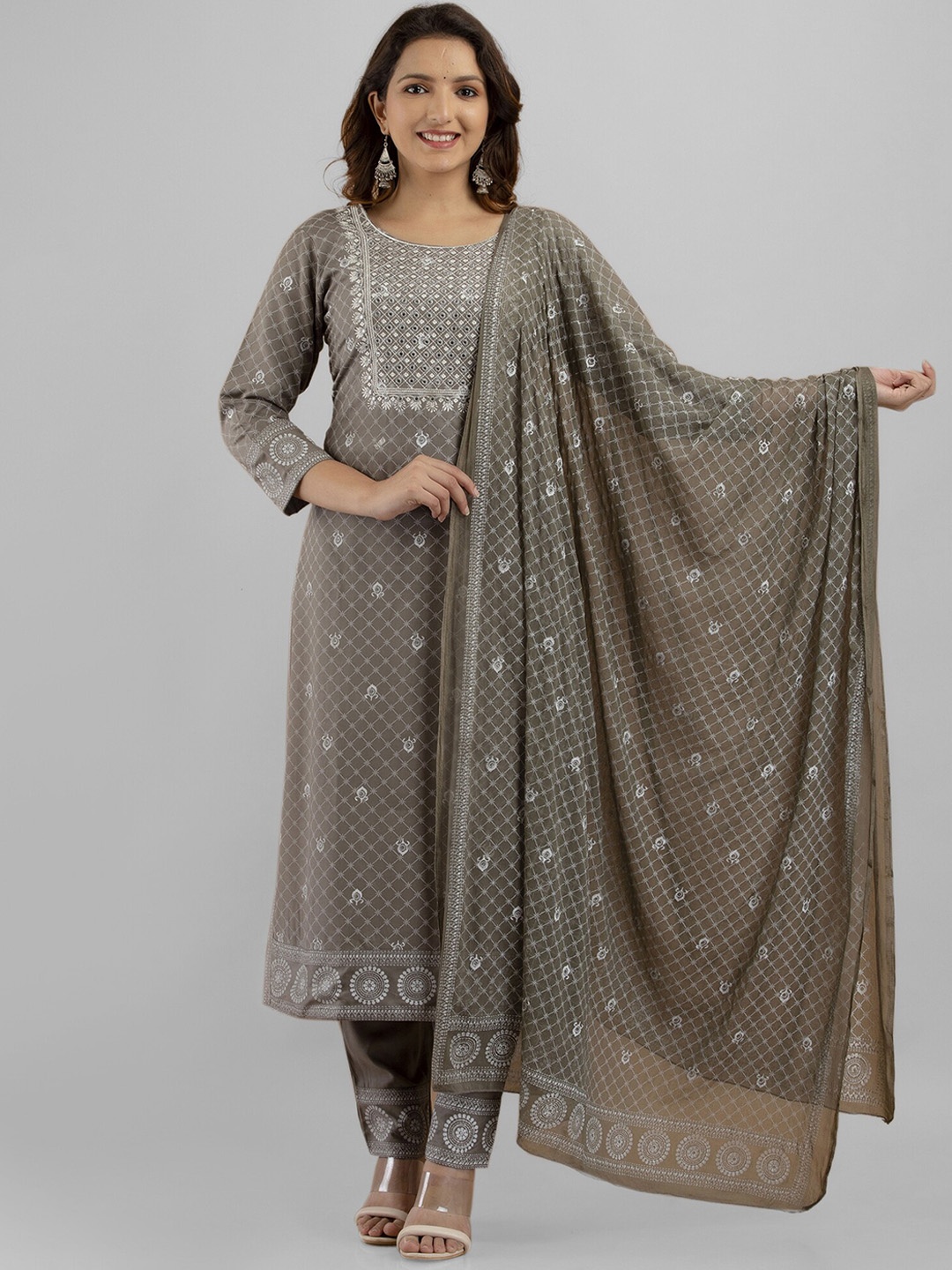 

PREKSHA Ethnic Motifs Embroidered Kurta with Trousers & Dupatta, Grey