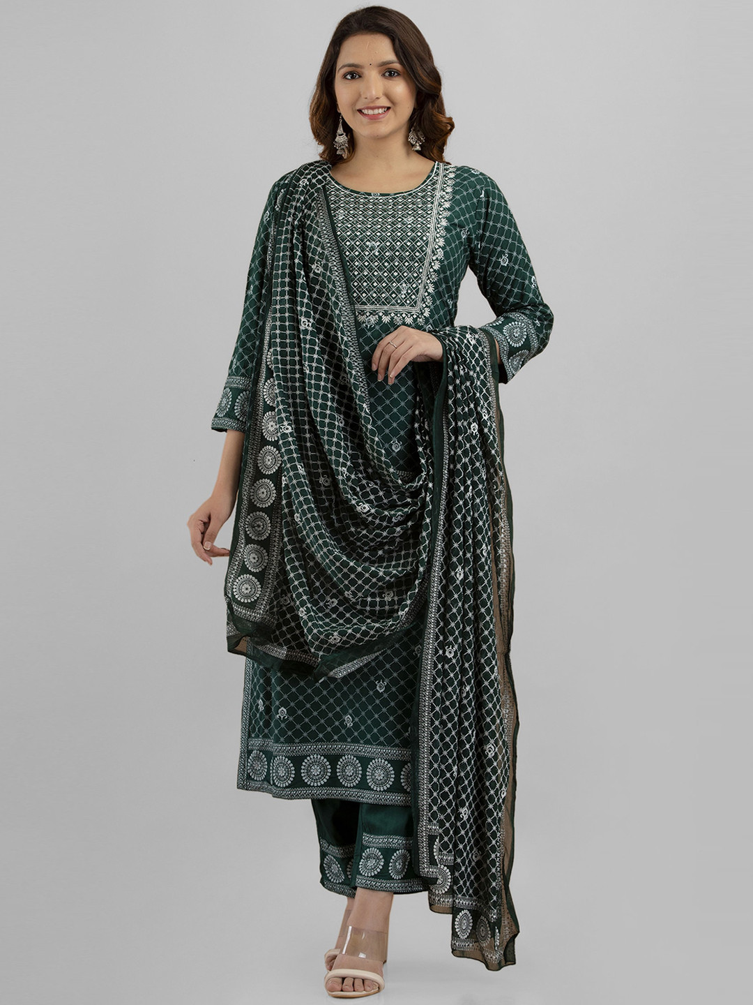 

PREKSHA Ethnic Motifs Embroidered Kurta with Trousers & Dupatta, Green