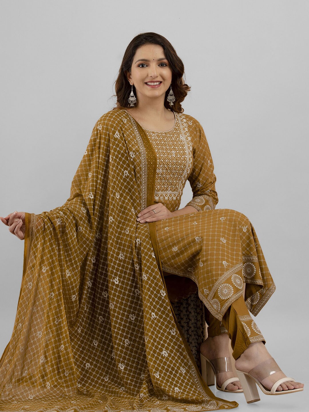 

PREKSHA Ethnic Motifs Embroidered Kurta with Trousers & Dupatta, Brown