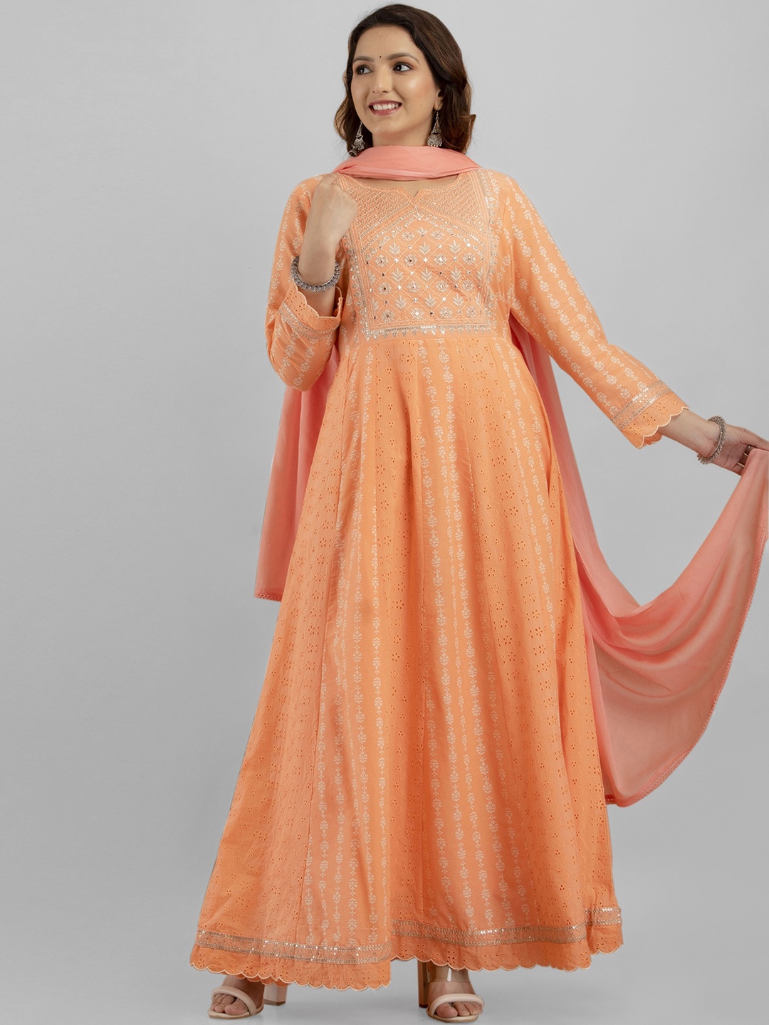 

PREKSHA Floral Embroidered Empire Pure Cotton Kurta with Trousers & Dupatta, Orange