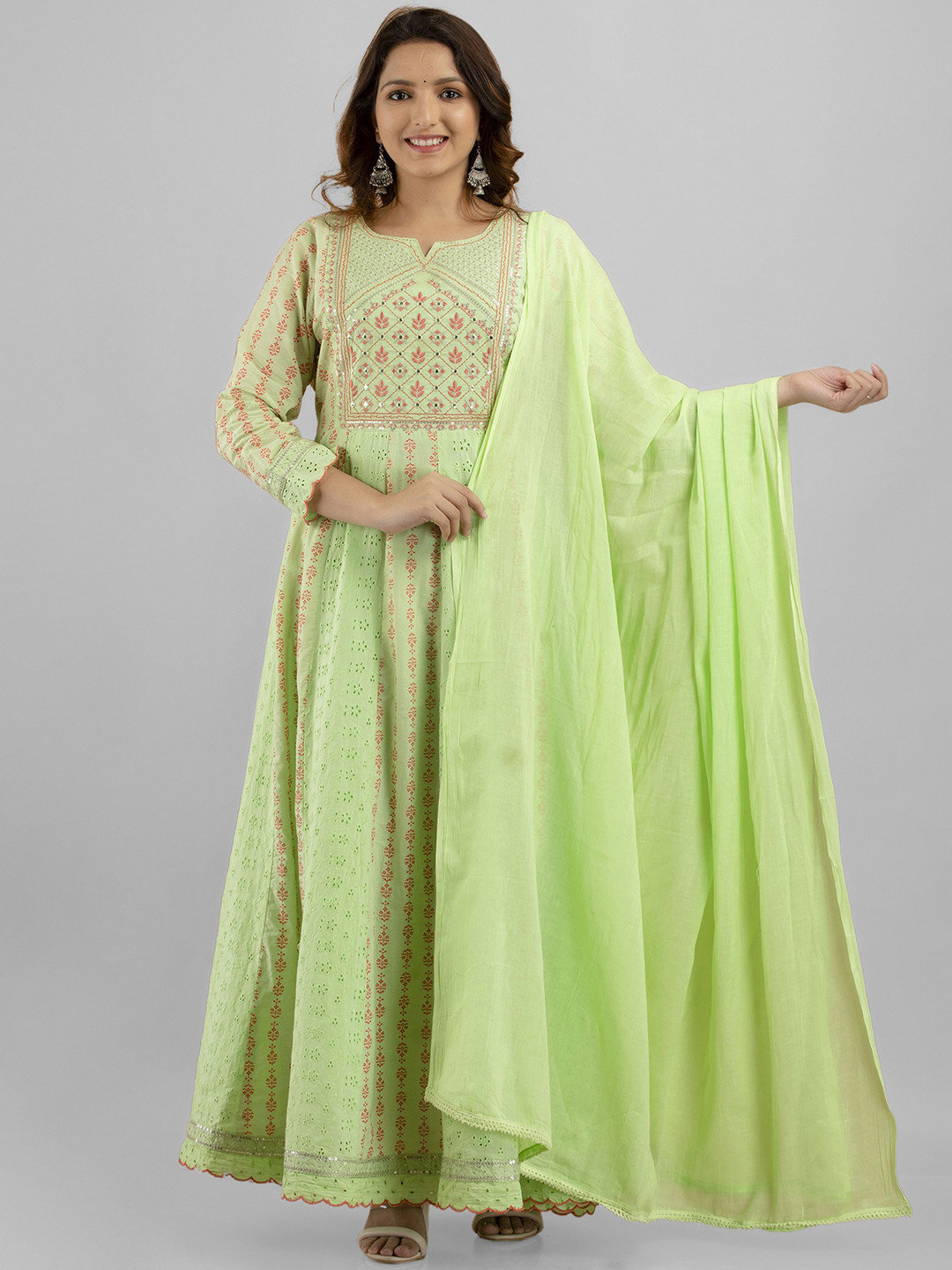 

PREKSHA Floral Embroidered Pure Cotton Kurta with Trousers & Dupatta, Green