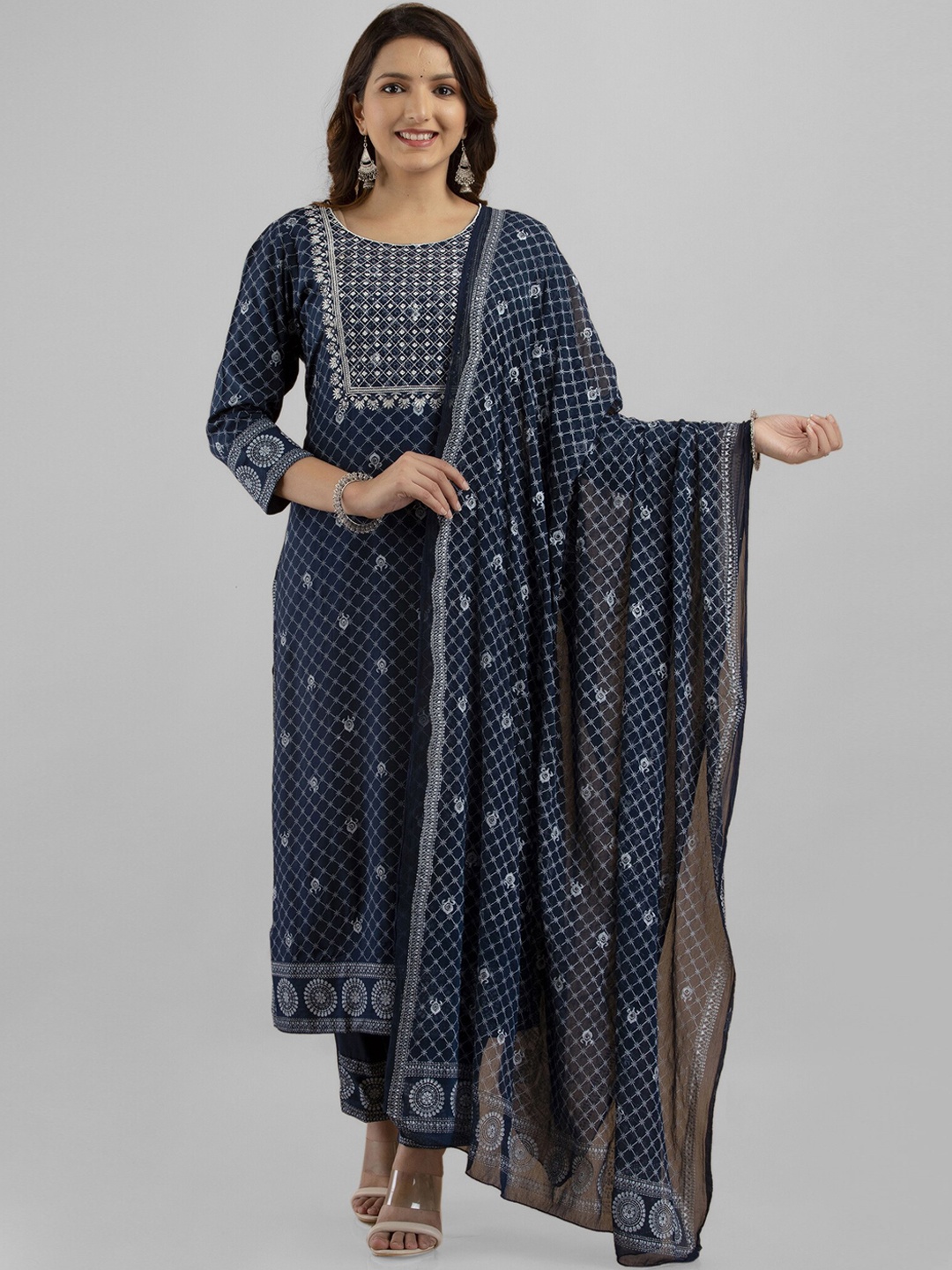 

PREKSHA Ethnic Motifs Embroidered Mirror Work Kurta with Trousers & Dupatta, Blue