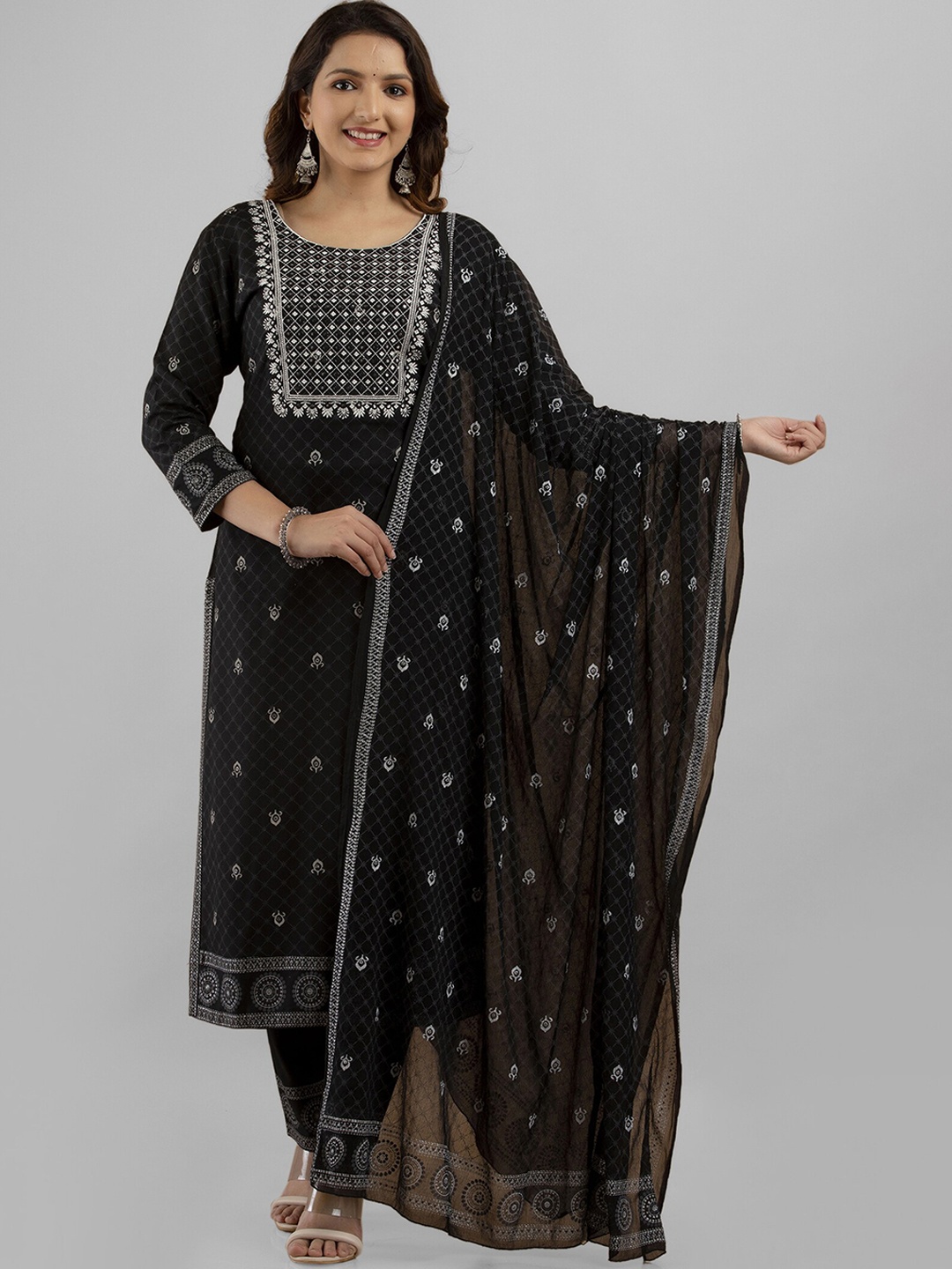 

PREKSHA Ethnic Motifs Embroidered Mirror Work Kurta with Trousers & Dupatta, Black