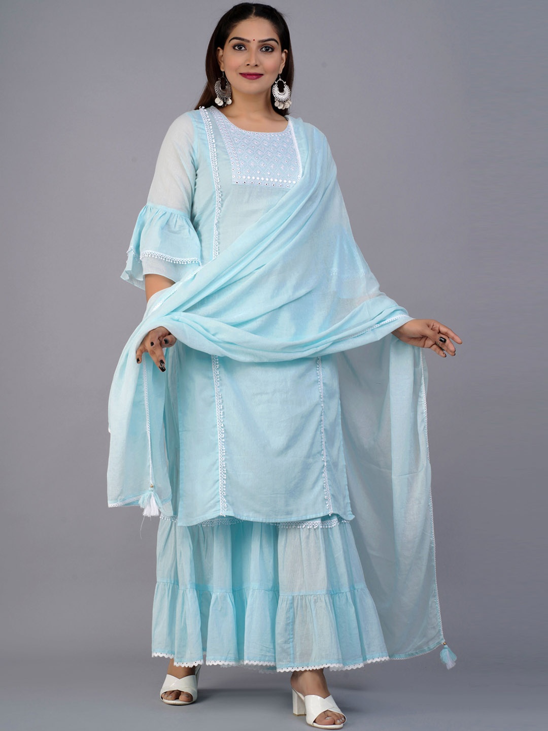 

PREKSHA Ethnic Motifs Embroidered Pure Cotton Kurta with Sharara & Dupatta, Blue