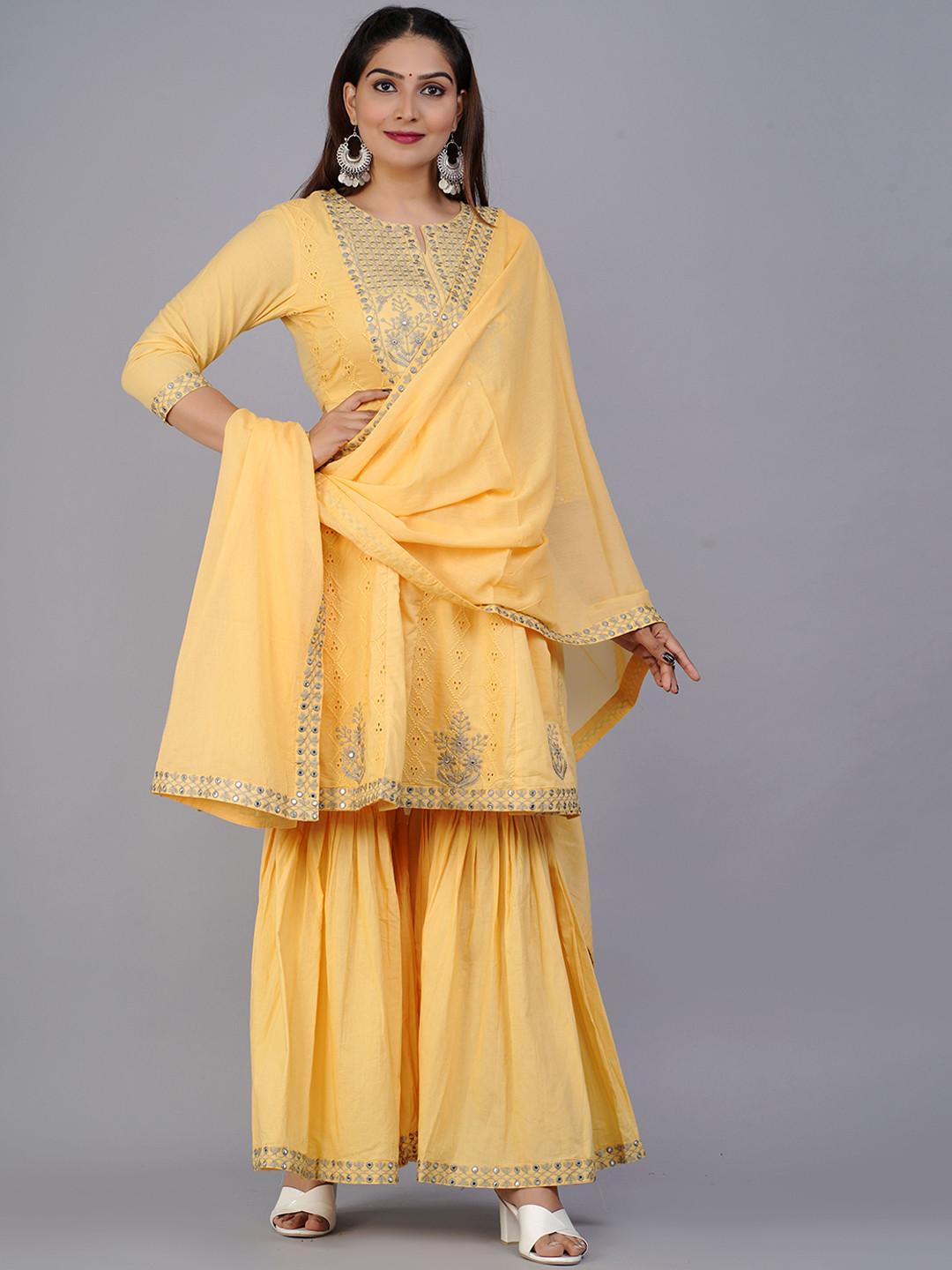 

PREKSHA Embroidered Pure Cotton Kurta with Sharara & Dupatta, Yellow