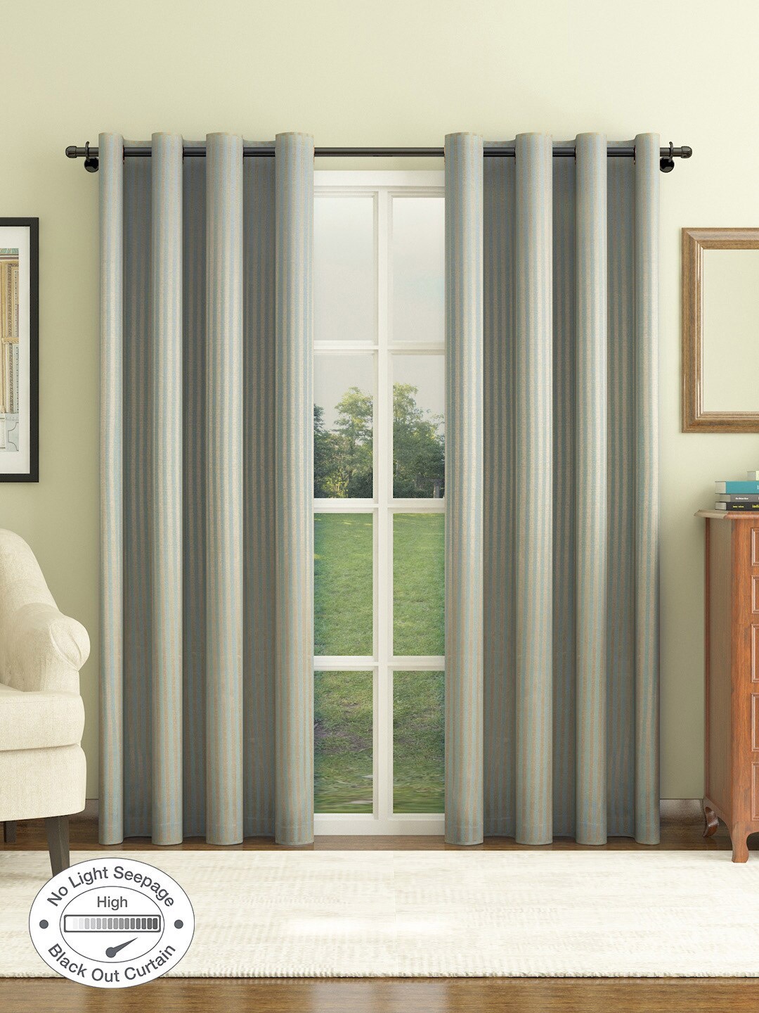 

HomeTown Blue & Beige Set of 2 Jacquard Striped Black Out Door Curtain
