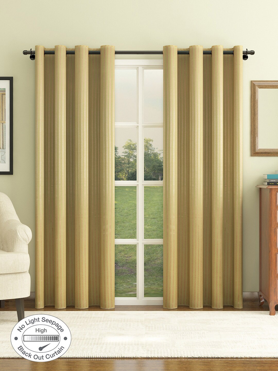 

HomeTown Olive Green & Beige Set of 2 Jacquard Striped Black Out Long Door Curtain