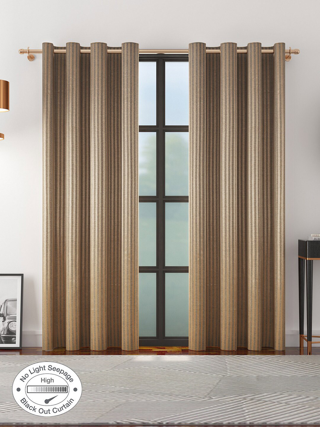 

HomeTown Black & Beige Set of 2 Jacquard Striped Black Out Door Curtain