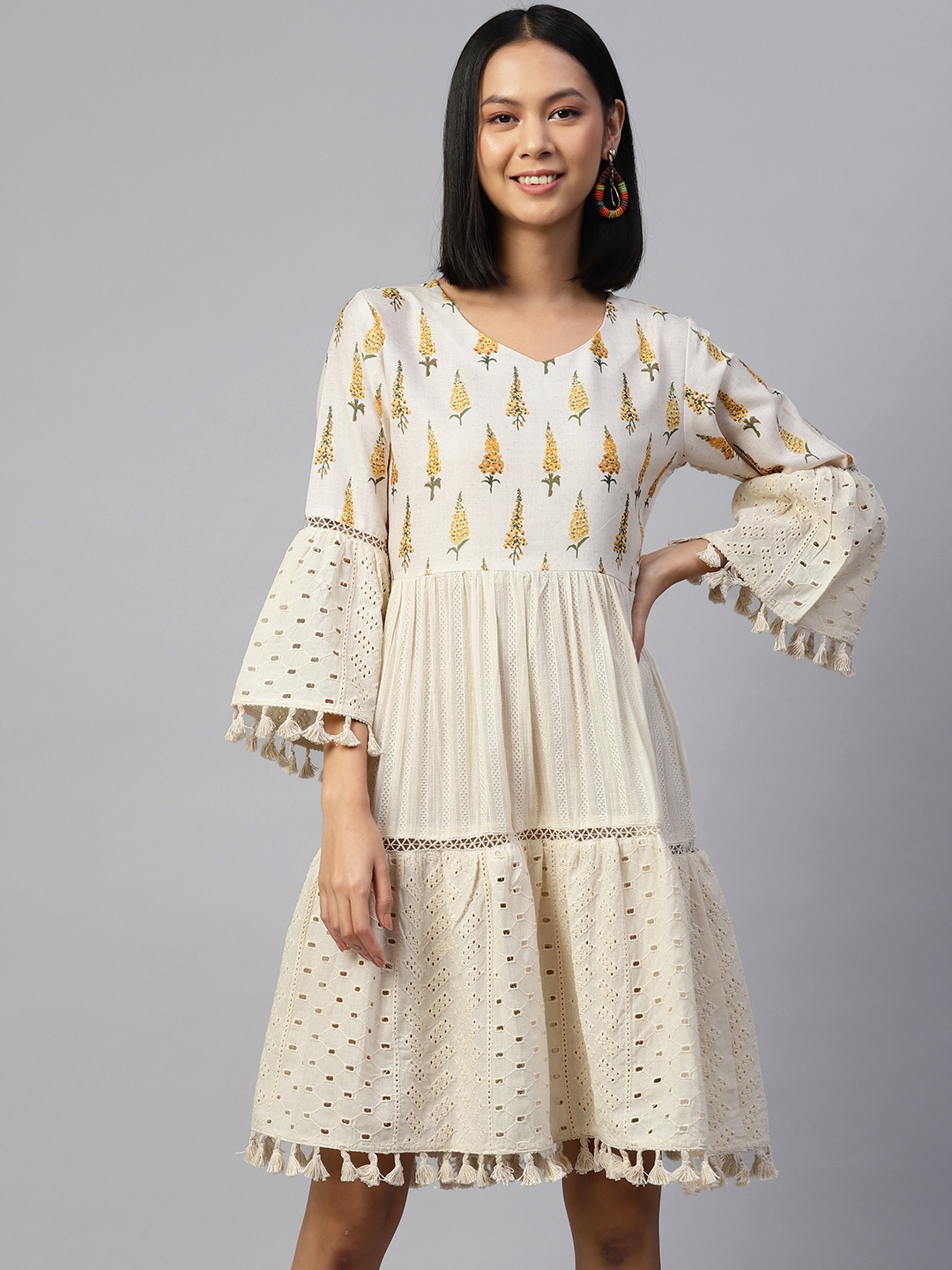 

SERONA FABRICS Off White & Yellow Floral Ethnic Cotton A-Line Ethnic Dress