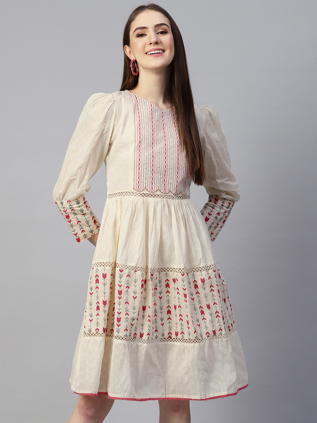 

SERONA FABRICS Off White Embroidered Ethnic Cotton A-Line Ethnic Dress