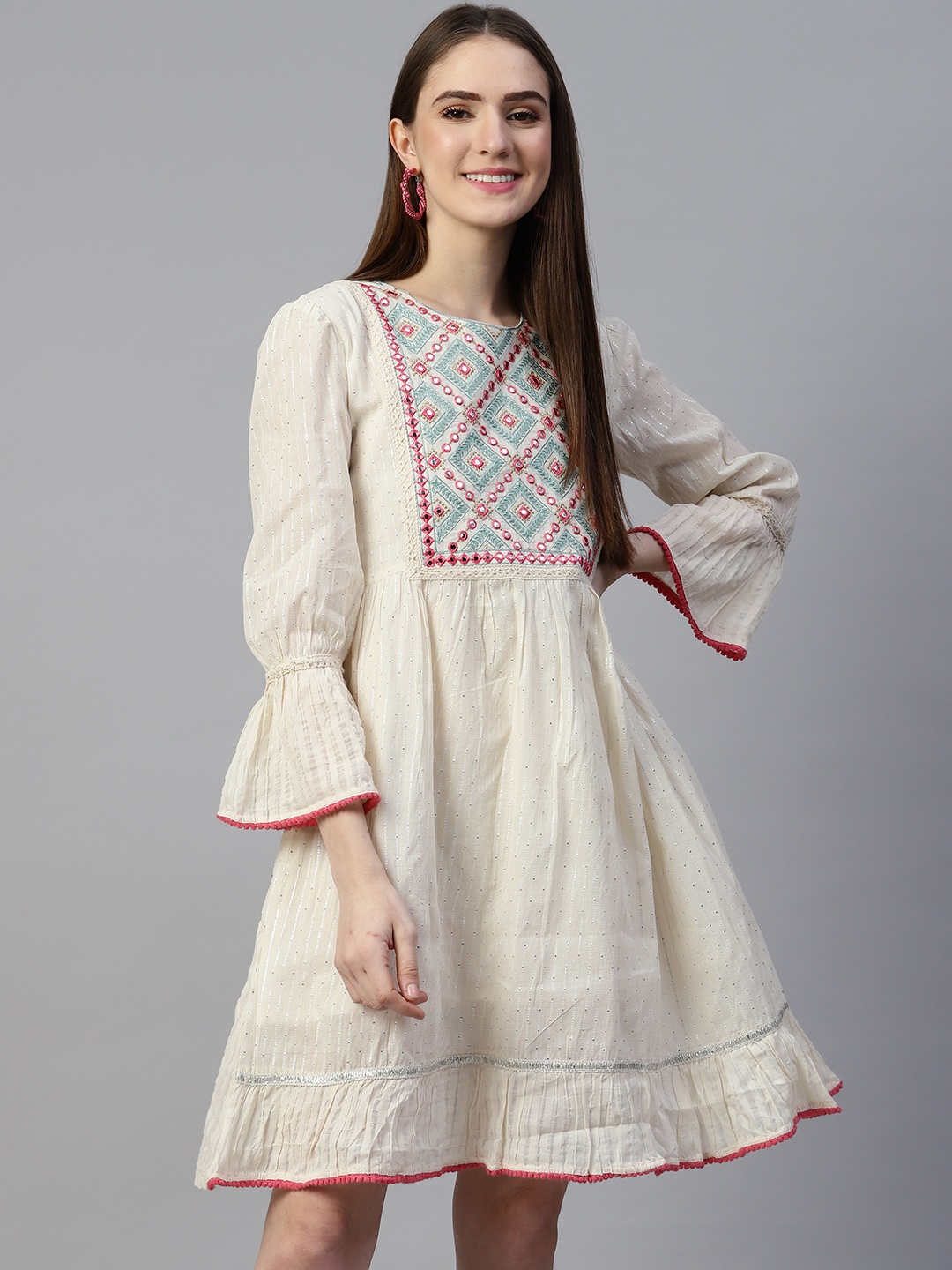 

SERONA FABRICS Off White Floral Embroidered Ethnic Cotton A-Line Ethnic Dress