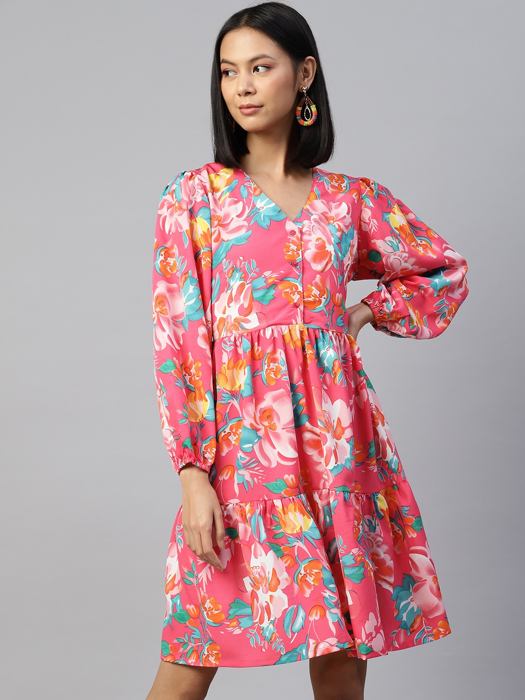 

plusS Pink & Turquoise Blue Floral A-Line Dress