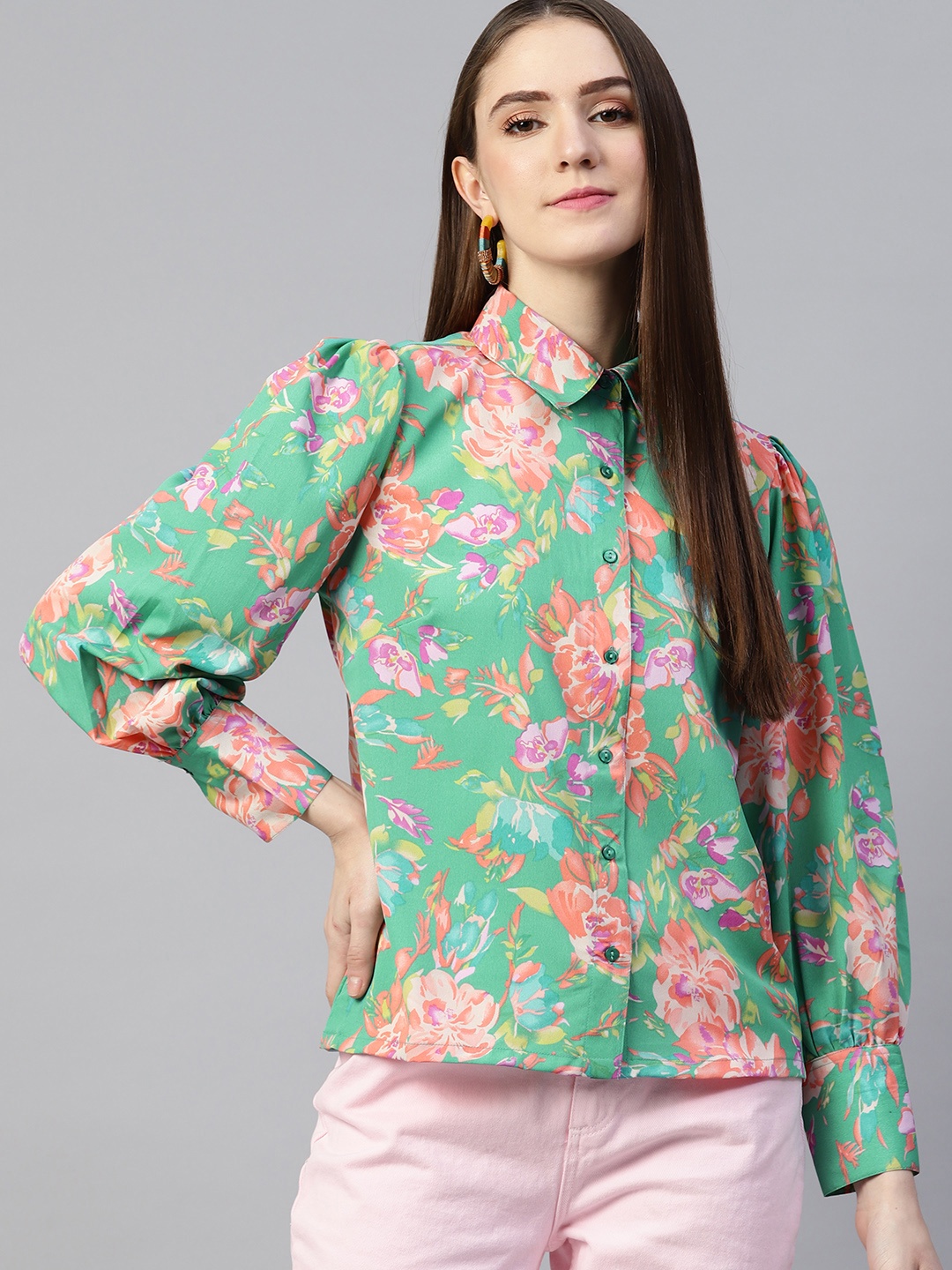 

plusS Women Floral Printed Casual Shirt, Green