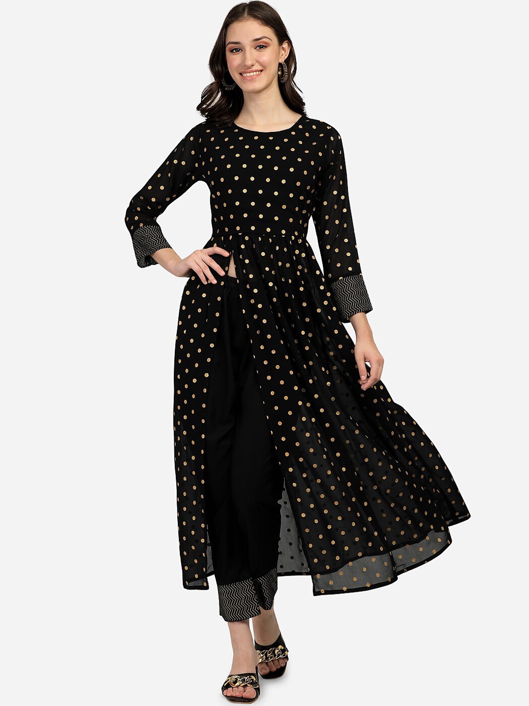 

FEMMIBELLA Printed High Slit Kurta with Trousers, Black
