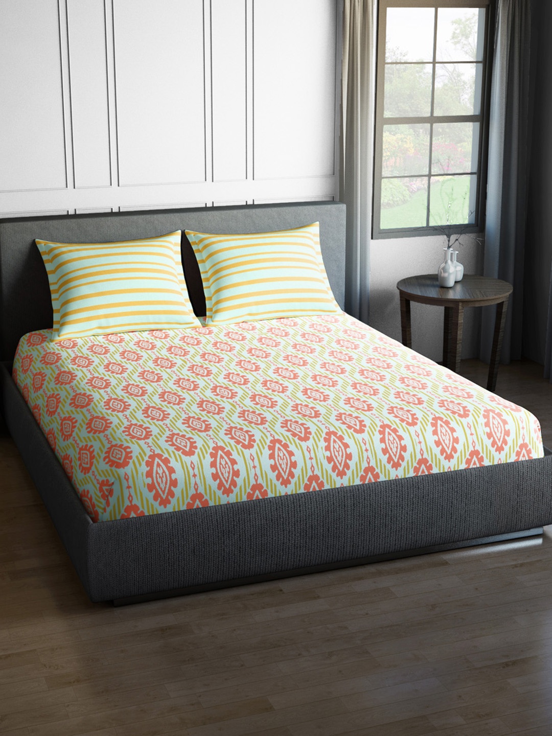 

SPACES Off-White & Orange 144 TC Cotton Double Bedsheet with 2 Pillow Covers