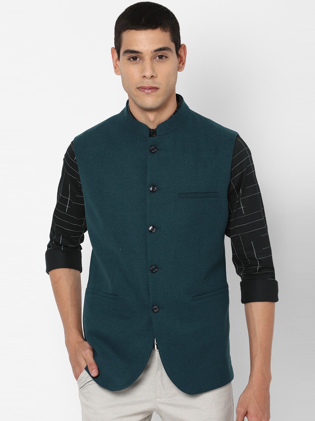 

Allen Solly Men Solid Formal Nehru Jacket, Green