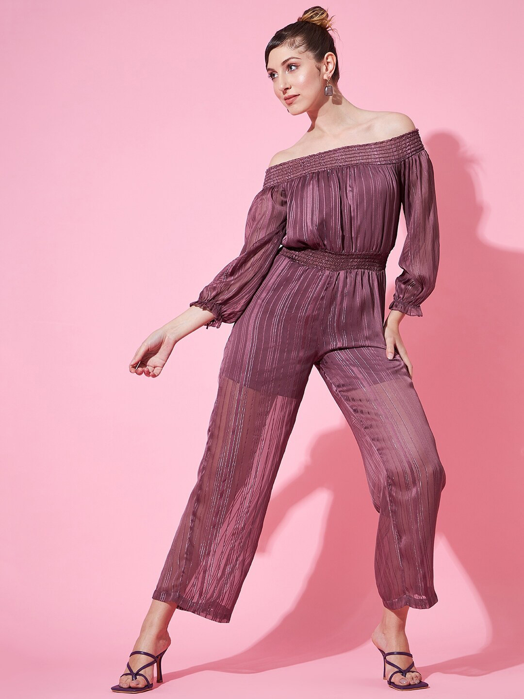 

STREET 9 Off-Shoulder Striped Basic Jumpsuit, Mauve