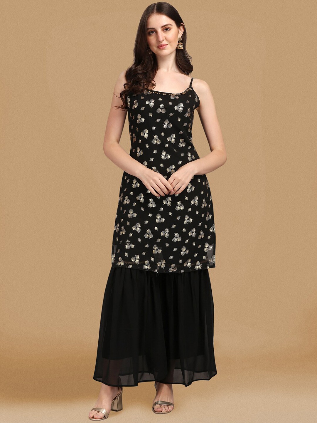 

GUFRINA Floral Printed Sleeveless Kurta with Sharara, Black